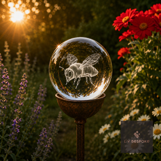 Raw steel garden stake with a clear glass orb holding a 3D Bee 2 design, planted in a border