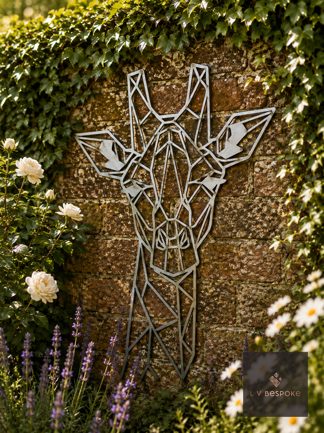 Raw steel geometric Giraffe wall art hung on a garden wall