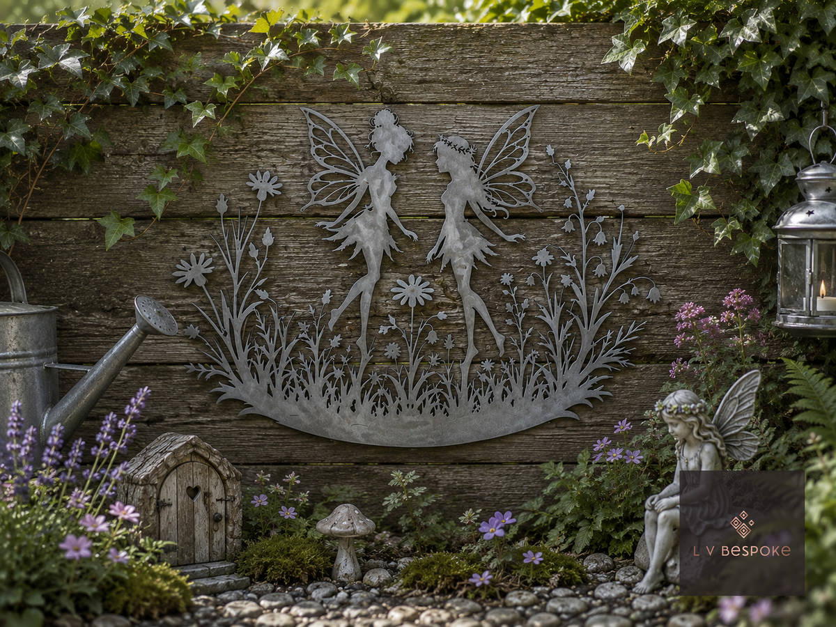 Raw steel Fairies wall art hung on a garden wall
