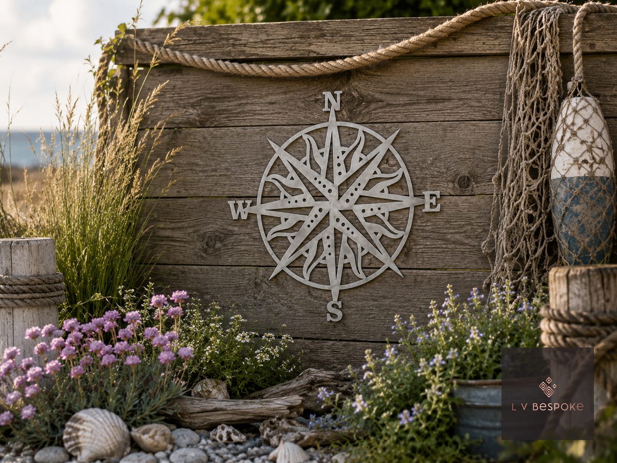 Raw steel Compass in a garden border or on a wall