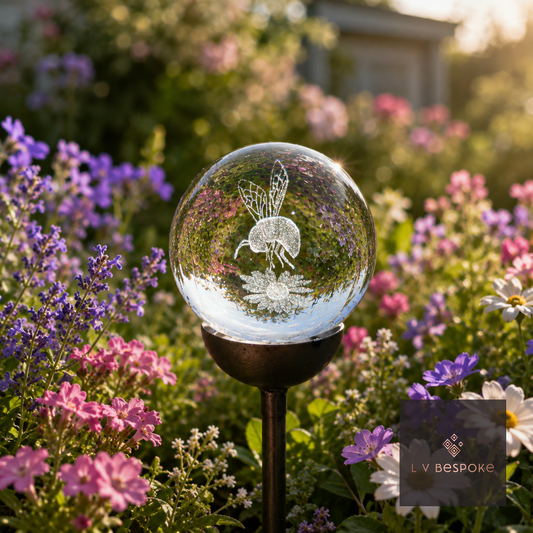 Raw steel garden stake with a clear glass orb holding a 3D Bee design, planted in a border