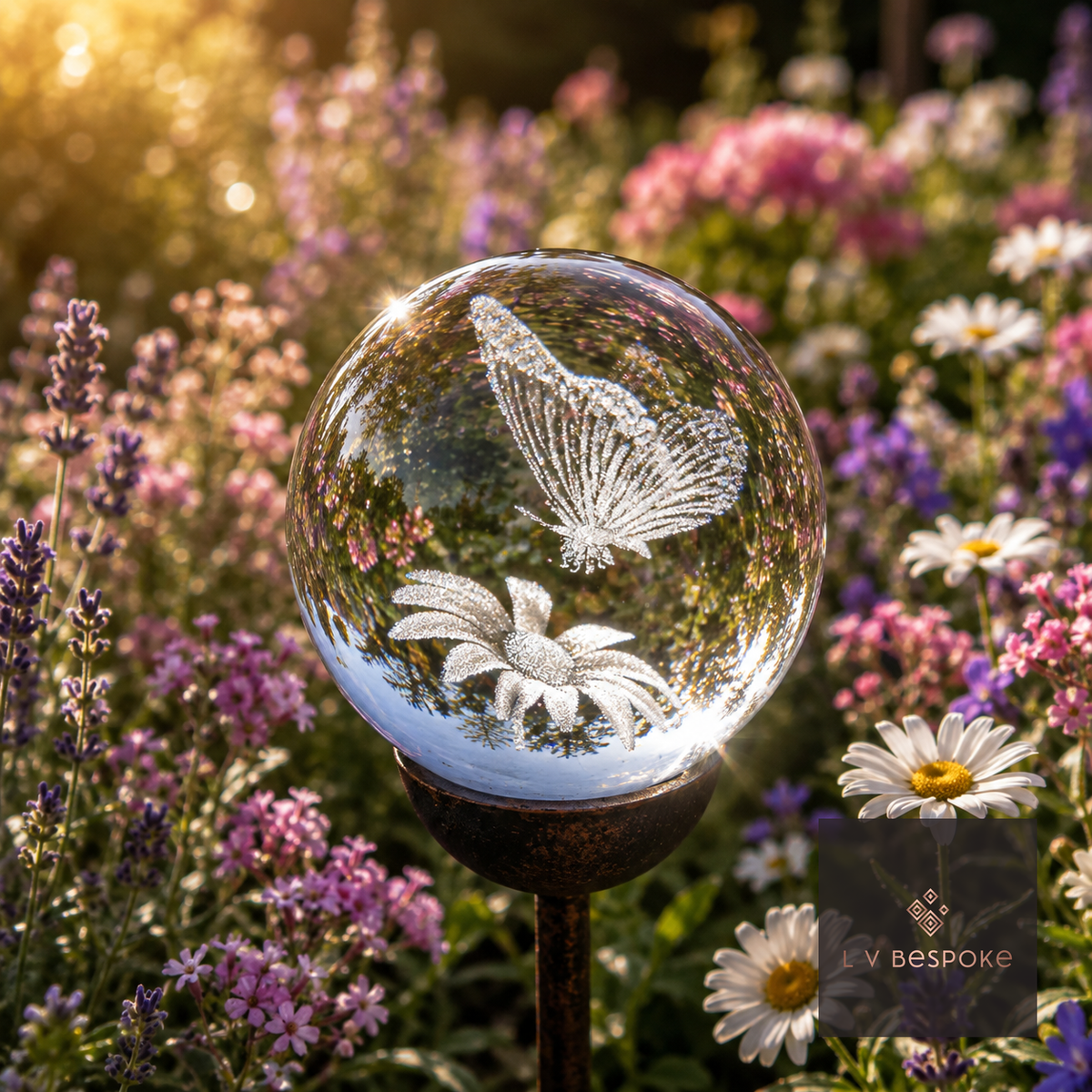 Raw steel garden stake with a clear glass orb holding a 3D Butterfly 1 design, planted in a border