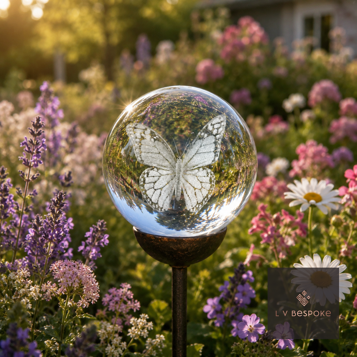 Raw steel garden stake with a clear glass orb holding a 3D Butterfly 2 design, planted in a border