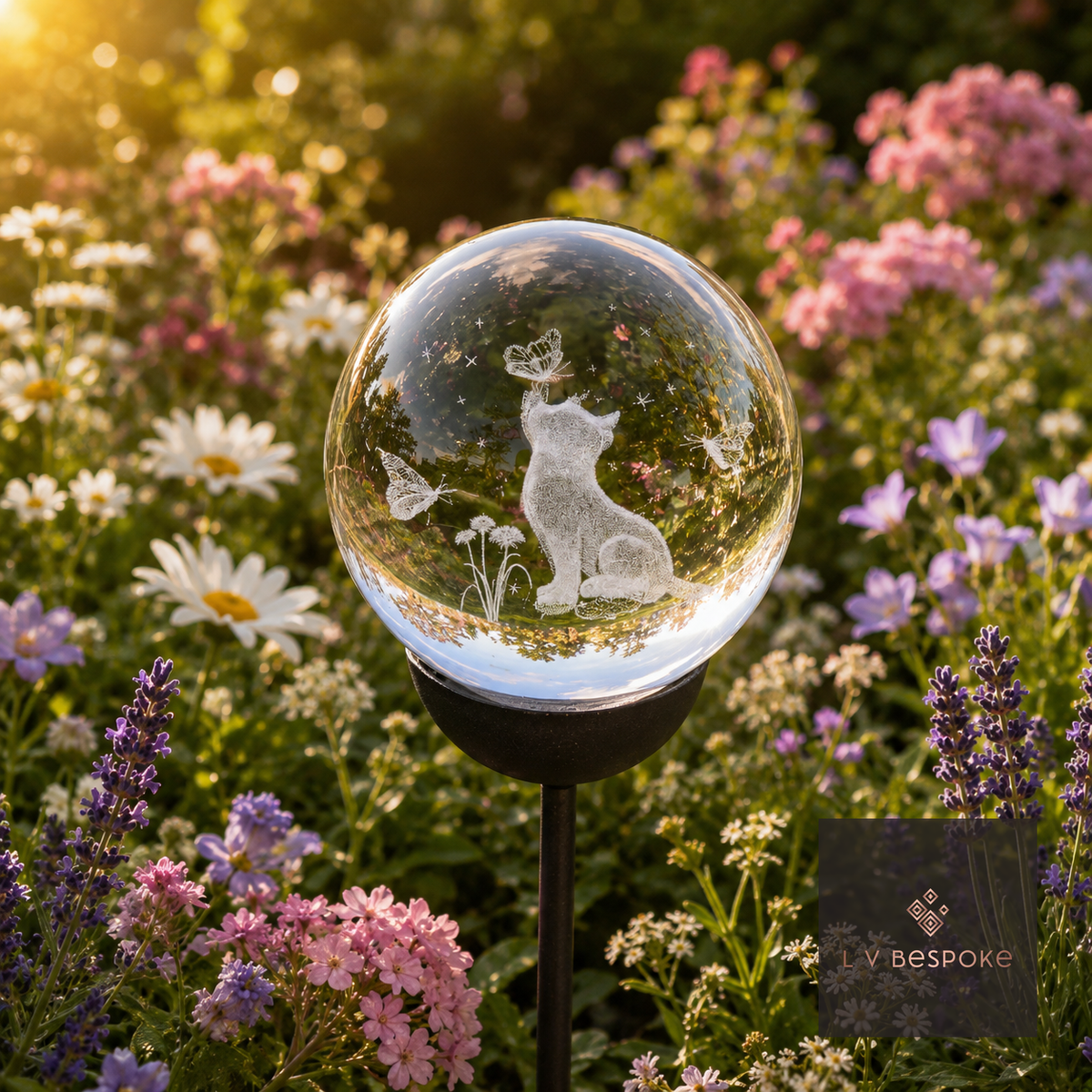 Raw steel garden stake with a clear glass orb holding a 3D Cat design, planted in a border