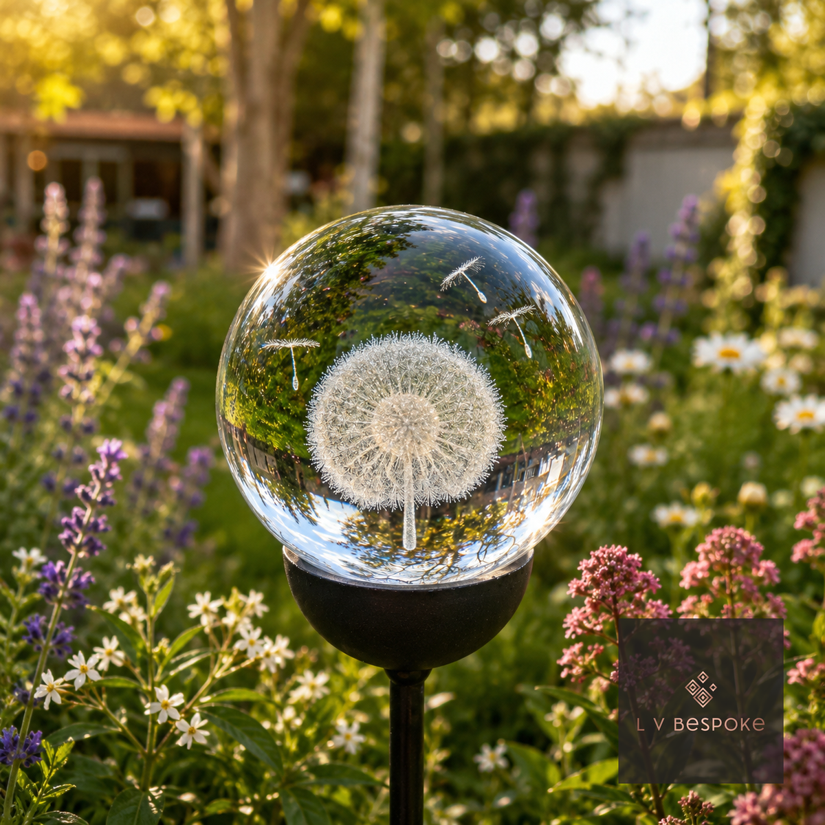 Raw steel garden stake with a clear glass orb holding a 3D Dandelion design, planted in a border