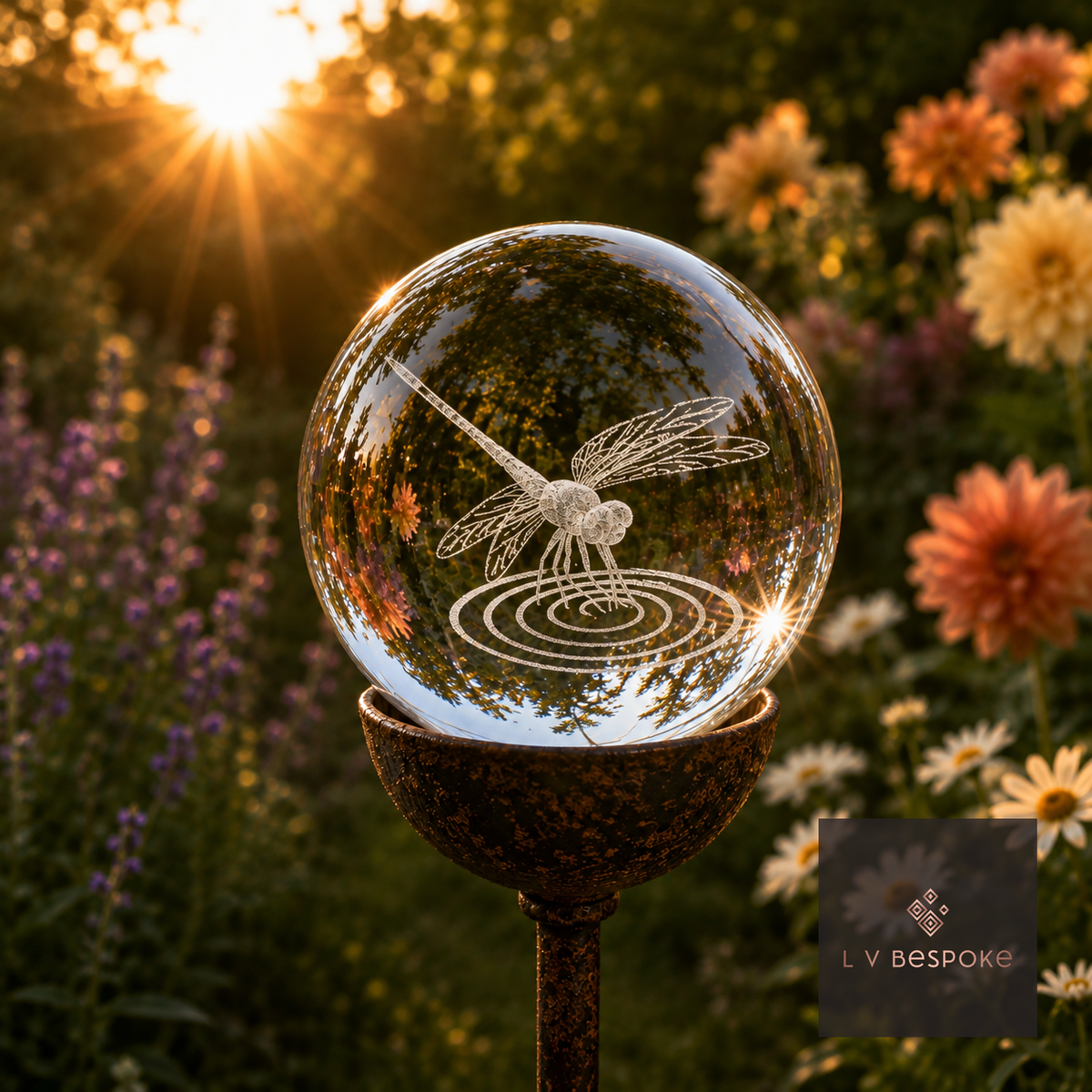 Raw steel garden stake with a clear glass orb holding a 3D Dragonfly 2 design, planted in a border