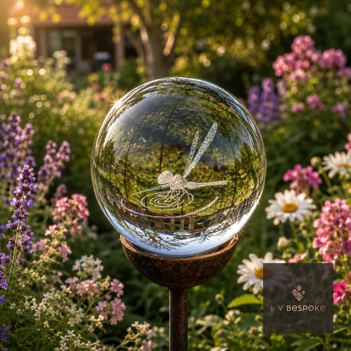 Raw steel garden stake with a clear glass orb holding a 3D Dragonfly design, planted in a border