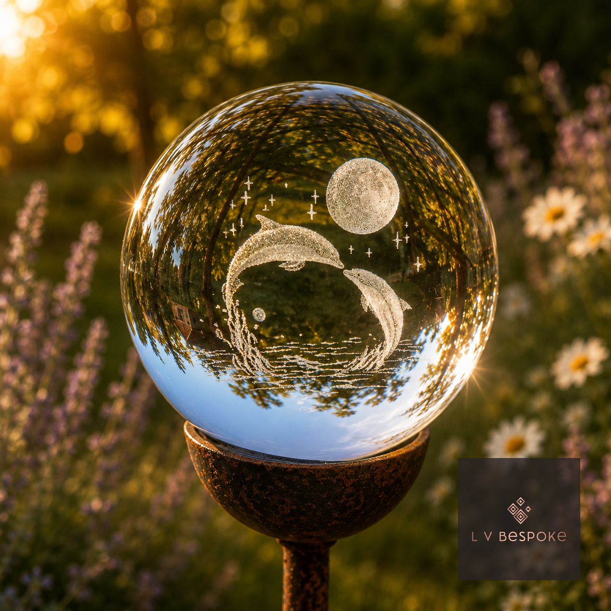 Raw steel garden stake with a clear glass orb holding a 3D Dolphins design, planted in a border