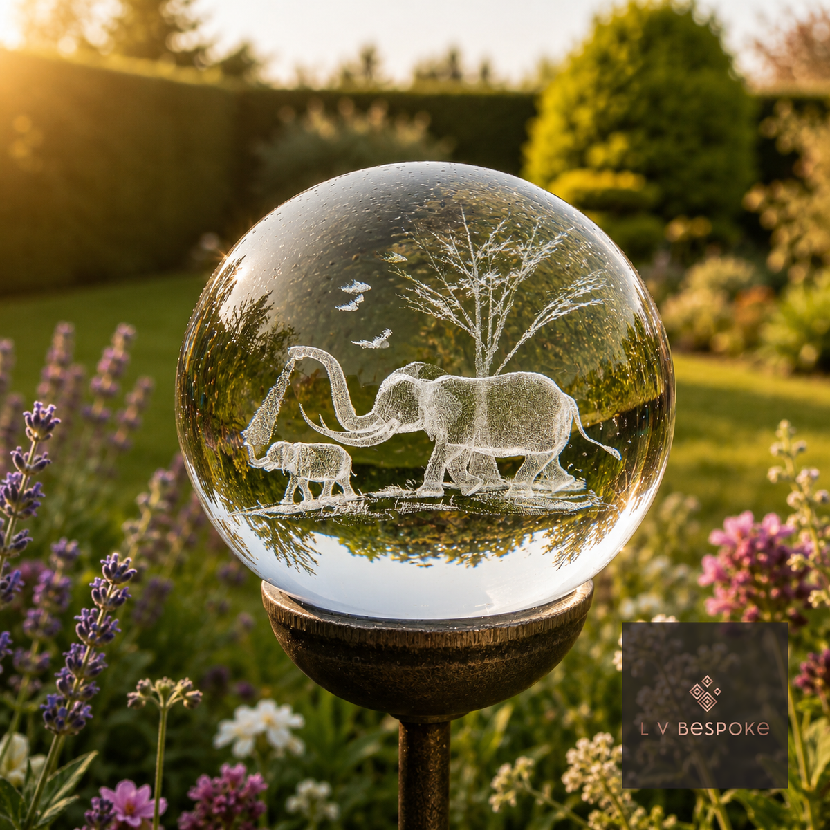Raw steel garden stake with a clear glass orb holding a 3D Elephant design, planted in a border