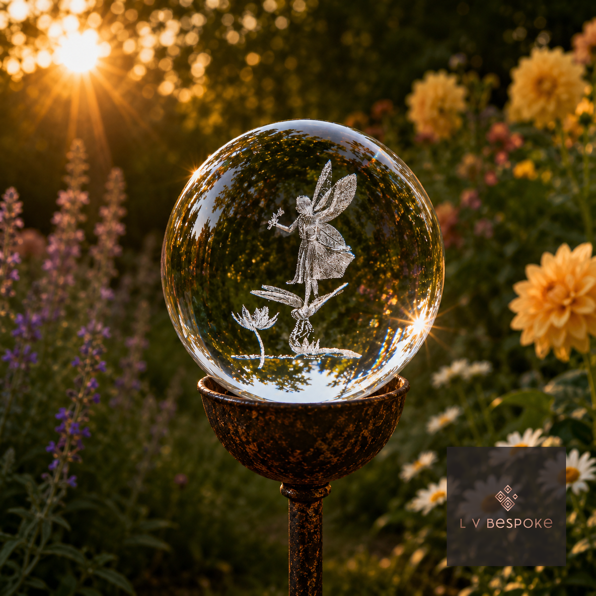 Raw steel garden stake with a clear glass orb holding a 3D Fairy design, planted in a border