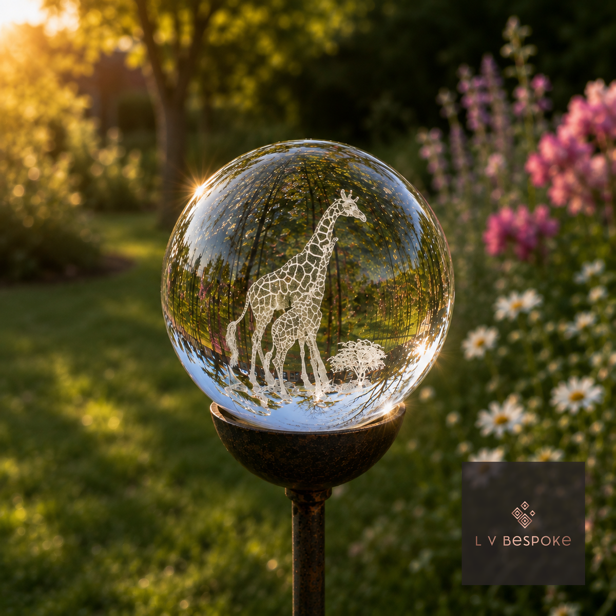 Raw steel garden stake with a clear glass orb holding a 3D Giraffe design, planted in a border