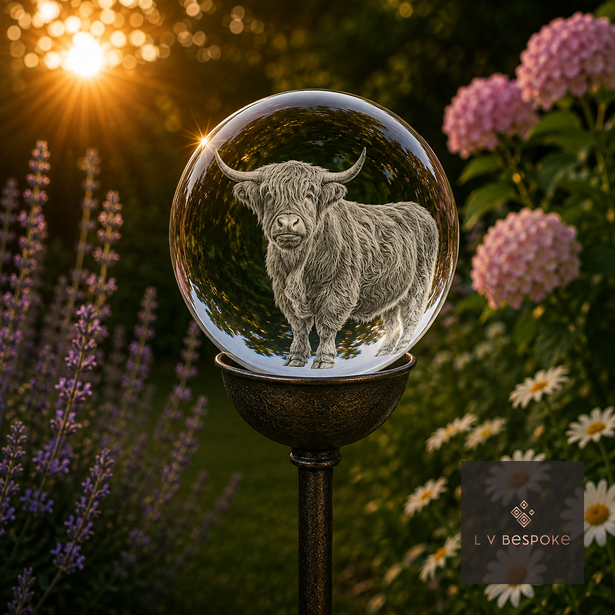 Raw steel garden stake with a clear glass orb holding a 3D Highland Cow Full design, planted in a border