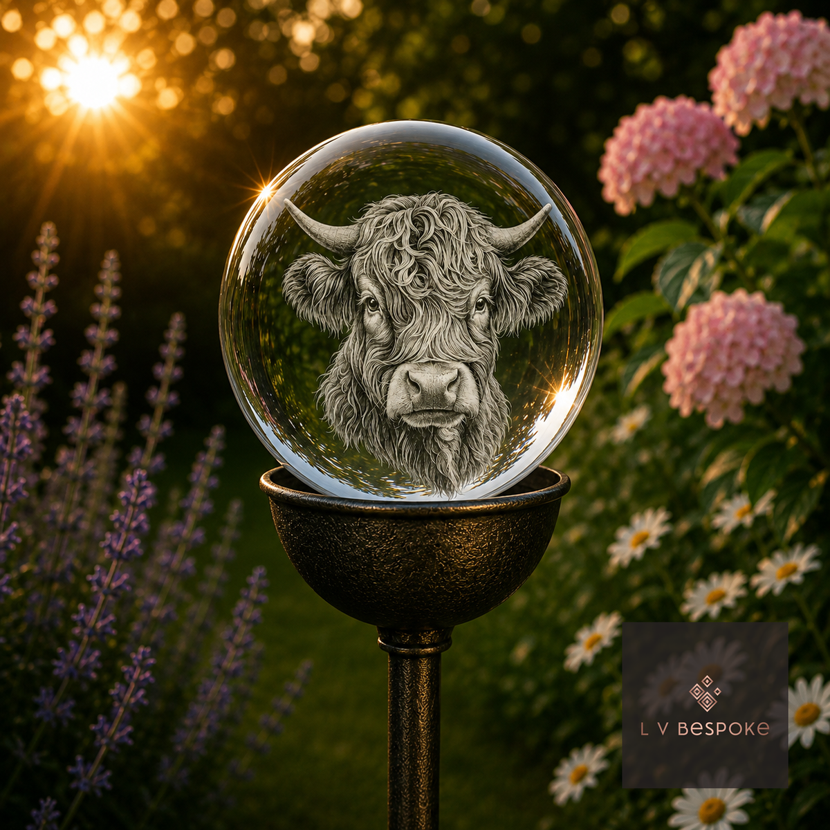 Raw steel garden stake with a clear glass orb holding a 3D Highland Cow Head design, planted in a border