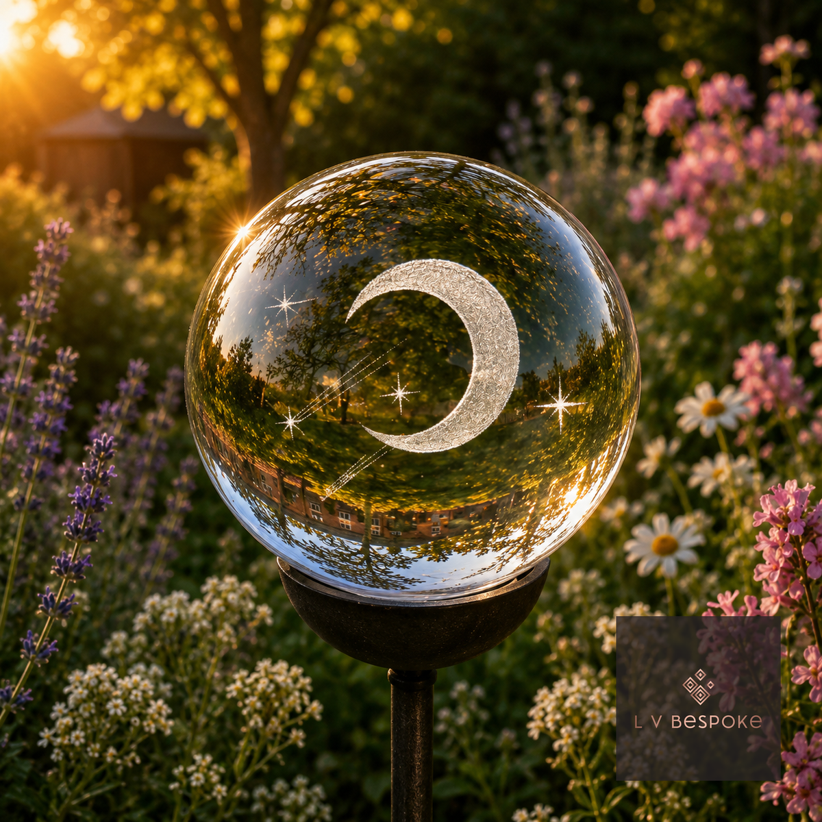 Raw steel garden stake with a clear glass orb holding a 3D Half Moon design, planted in a border
