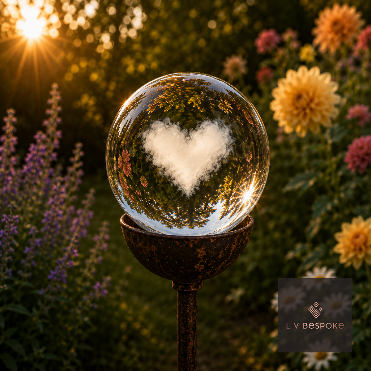 Raw steel garden stake with a clear glass orb holding a 3D Heart design, planted in a border
