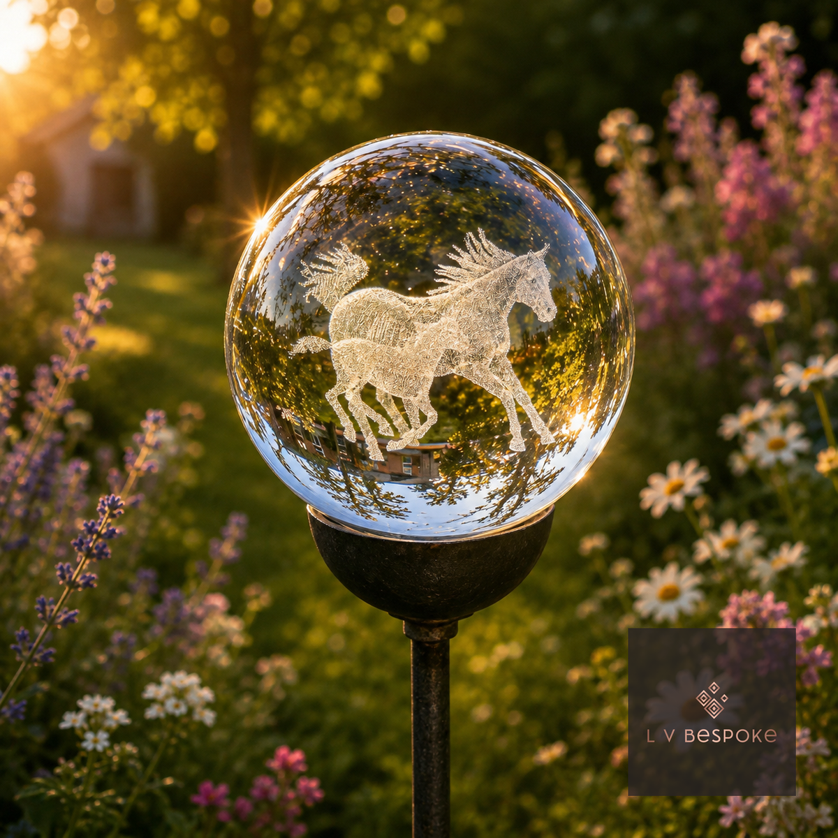 Raw steel garden stake with a clear glass orb holding a 3D Horses design, planted in a border