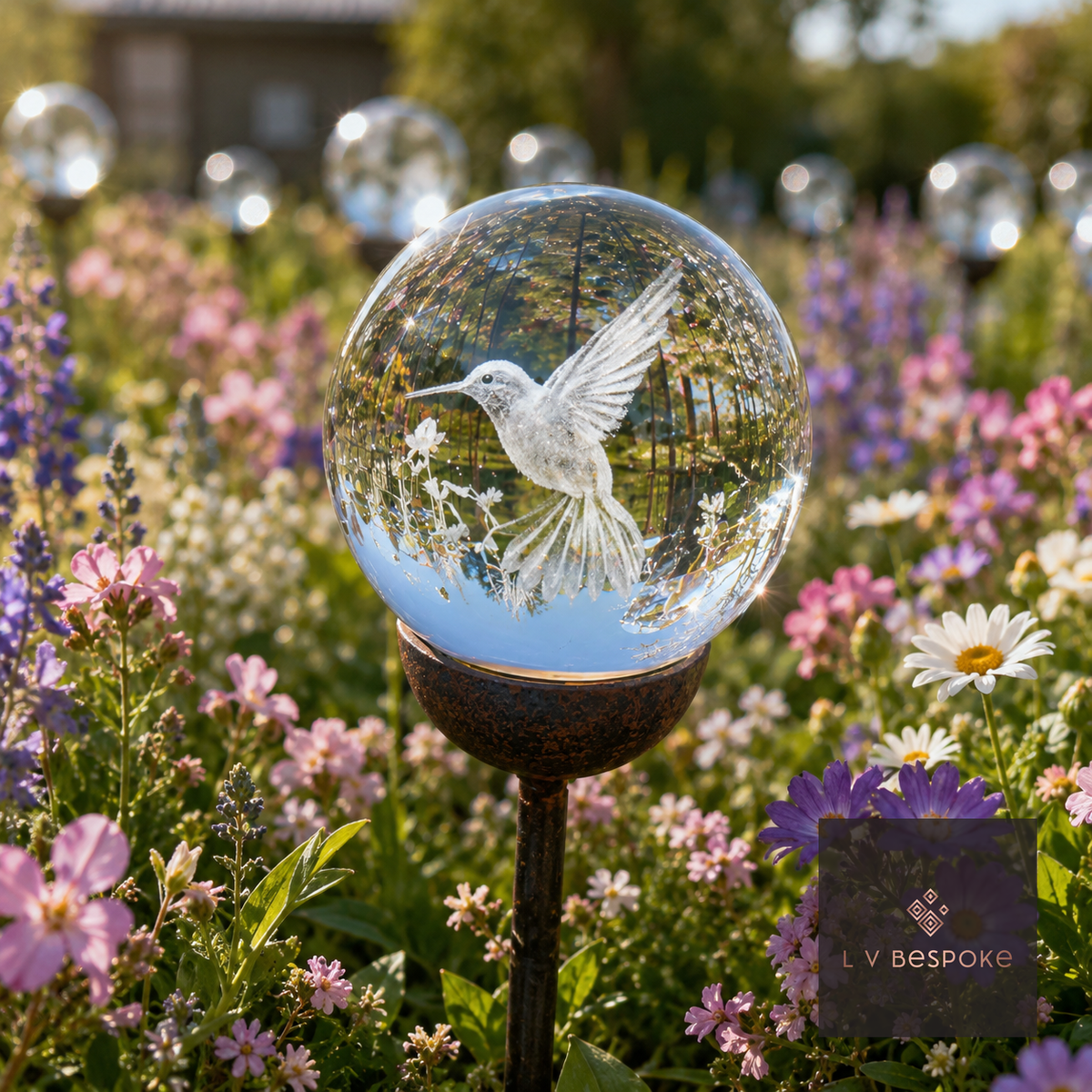 Raw steel garden stake with a clear glass orb holding a 3D Hummingbird design, planted in a border