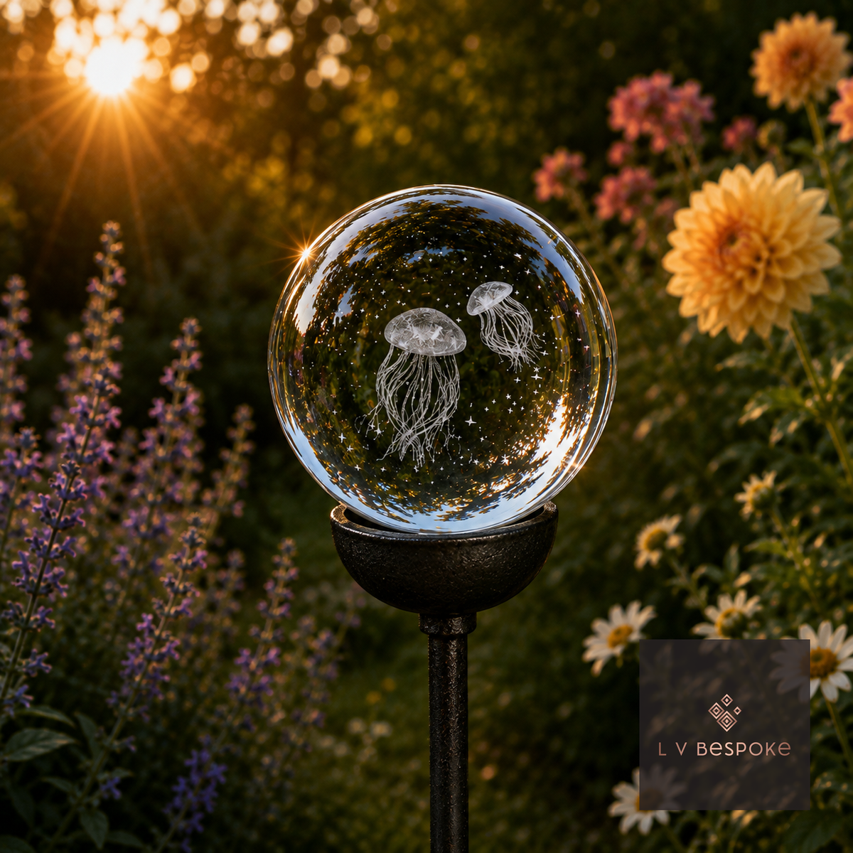 Raw steel garden stake with a clear glass orb holding a 3D Jellyfish design, planted in a border