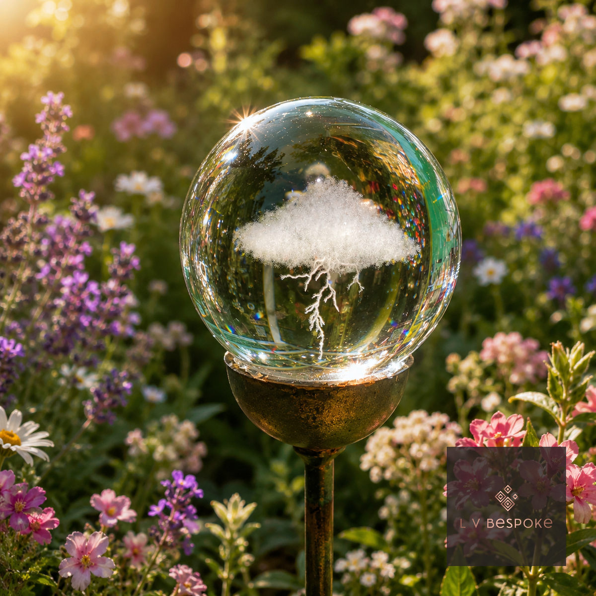 Raw steel garden stake with a clear glass orb holding a 3D Lightning Cloud design, planted in a border