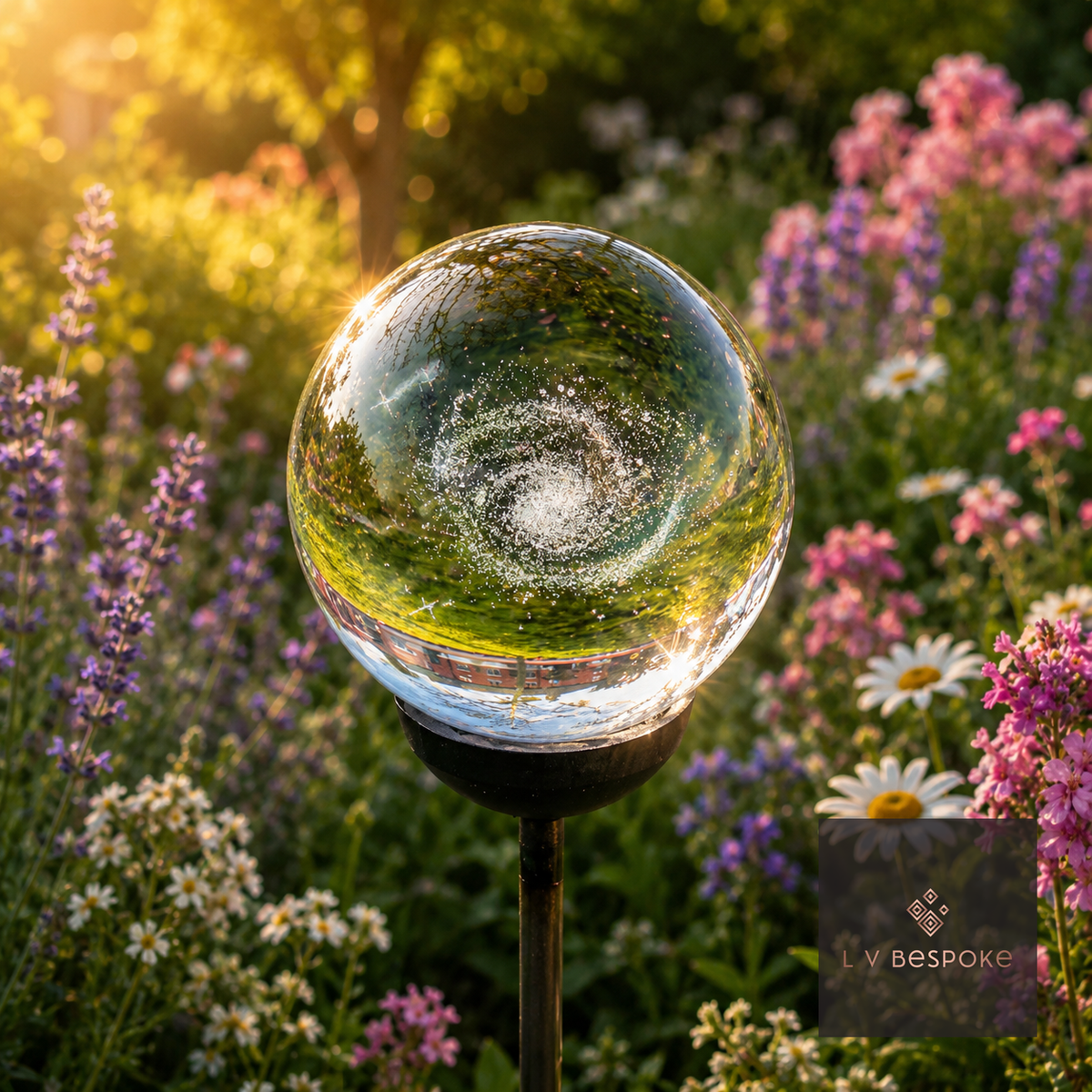 Raw steel garden stake with a clear glass orb holding a 3D Milky Way design, planted in a border