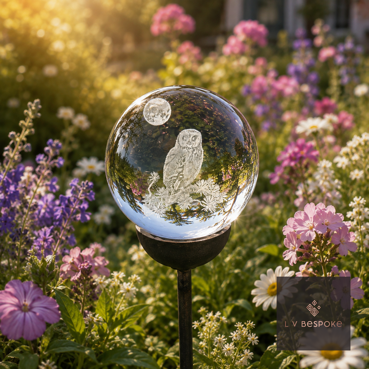 Raw steel garden stake with a clear glass orb holding a 3D Owl design, planted in a border