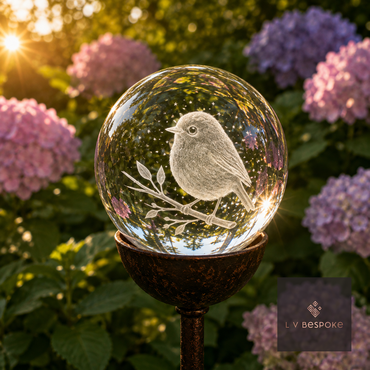 Raw steel garden stake with a clear glass orb holding a 3D Robin design, planted in a border