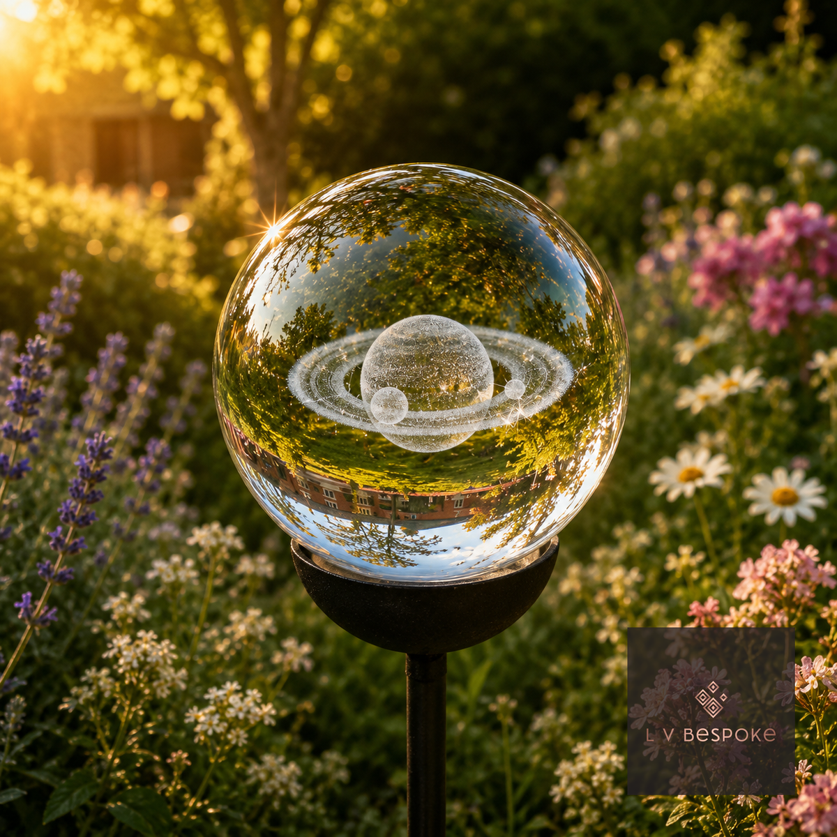 Raw steel garden stake with a clear glass orb holding a 3D Saturn design, planted in a border