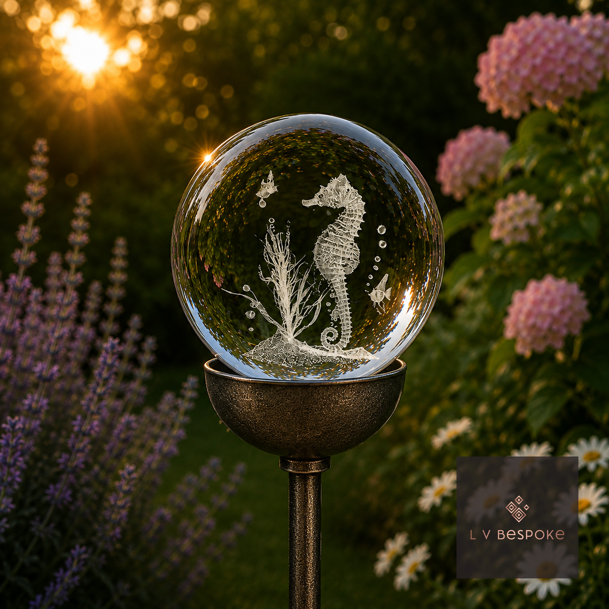 Raw steel garden stake with a clear glass orb holding a 3D Seahorse design, planted in a border