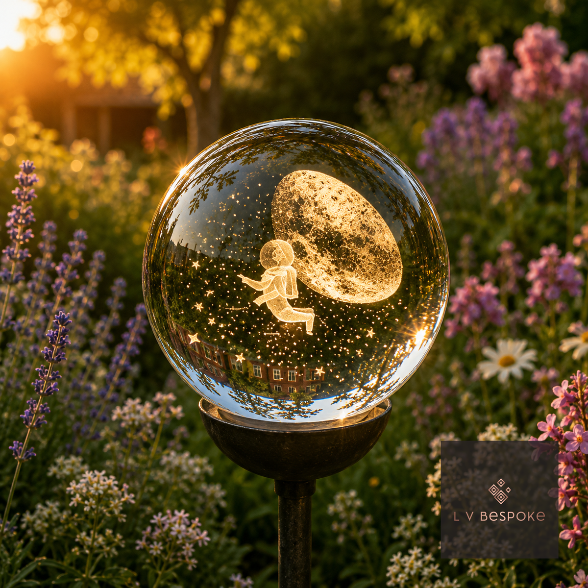 Raw steel garden stake with a clear glass orb holding a 3D Spaceman design, planted in a border