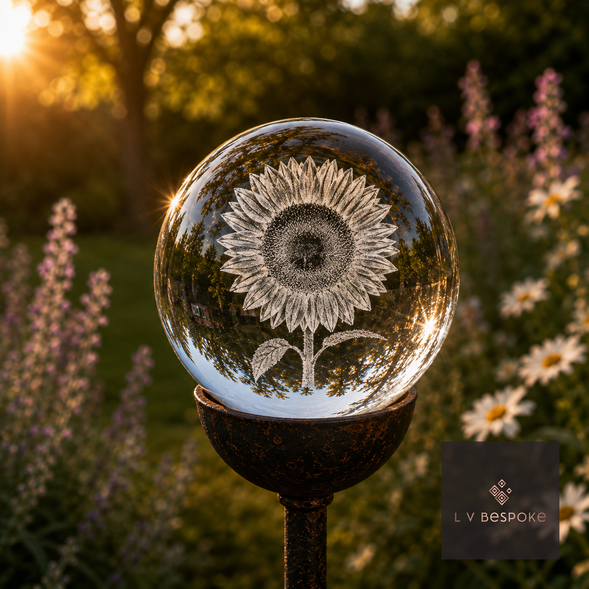 Raw steel garden stake with a clear glass orb holding a 3D Sunflower design, planted in a border