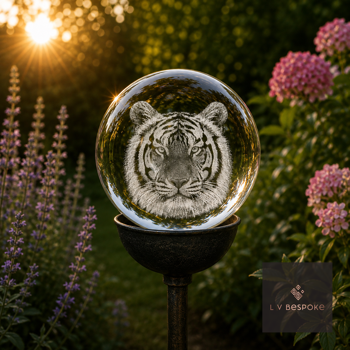 Raw steel garden stake with a clear glass orb holding a 3D Tiger design, planted in a border