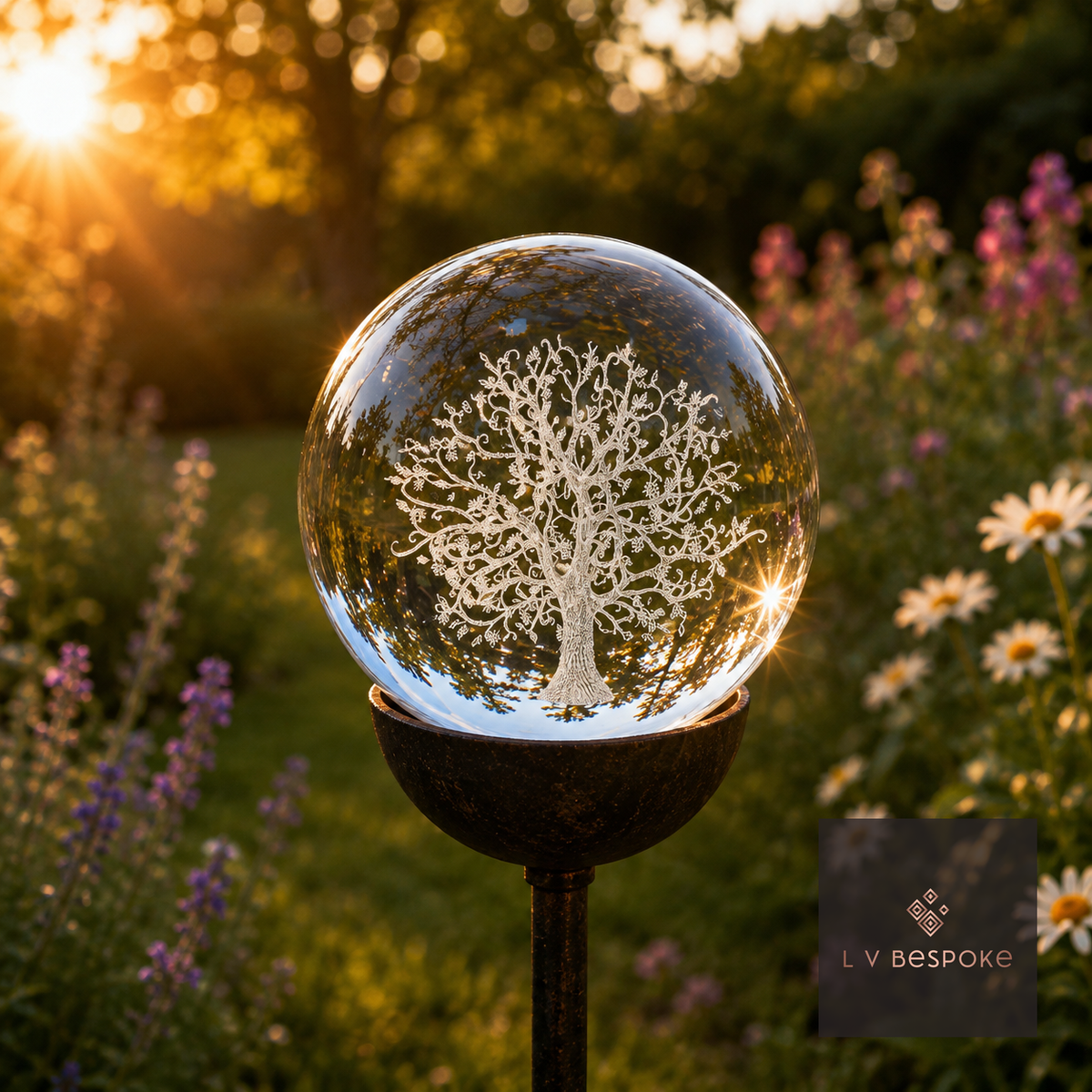 Raw steel garden stake with a clear glass orb holding a 3D Tree of Life design, planted in a border
