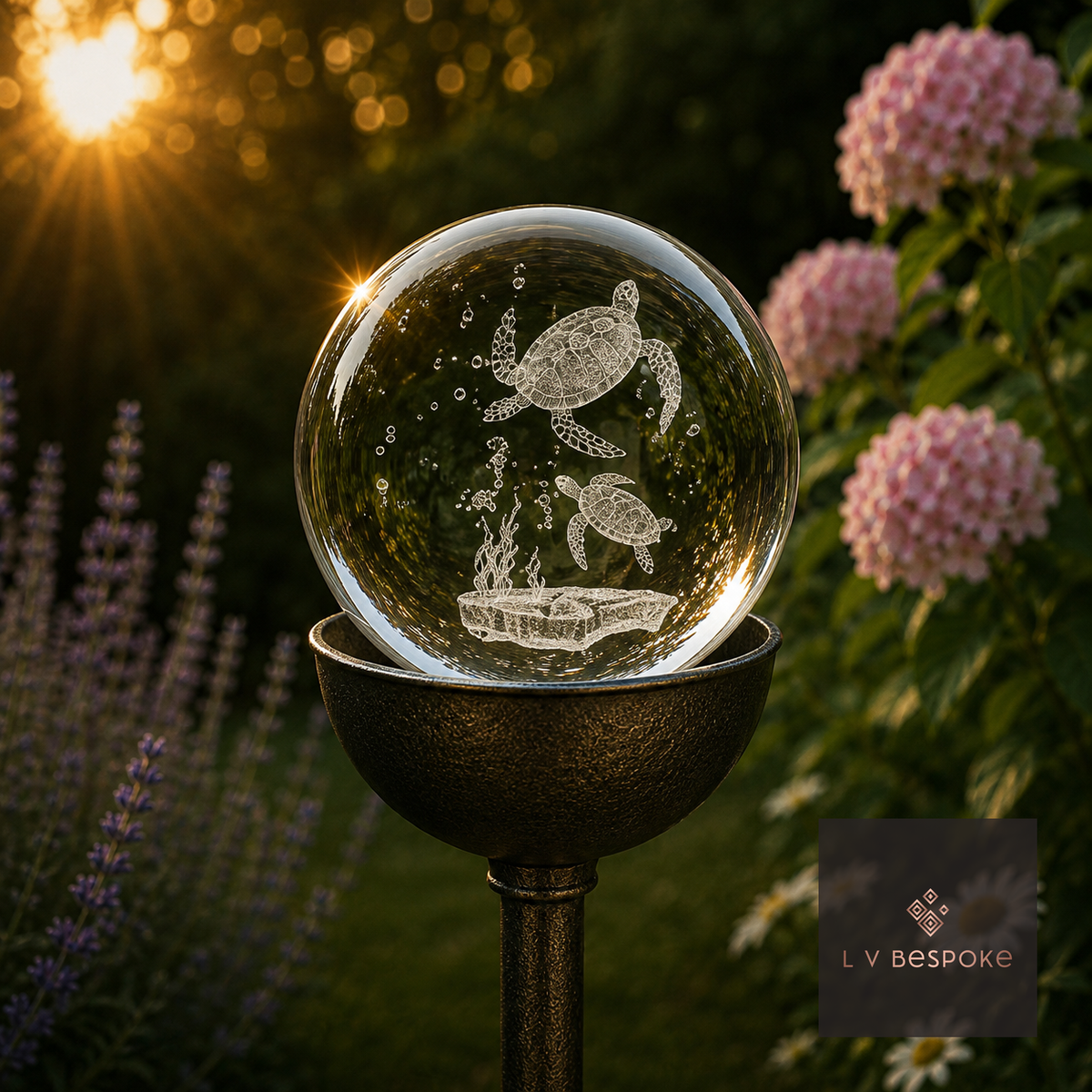 Raw steel garden stake with a clear glass orb holding a 3D Turtles design, planted in a border