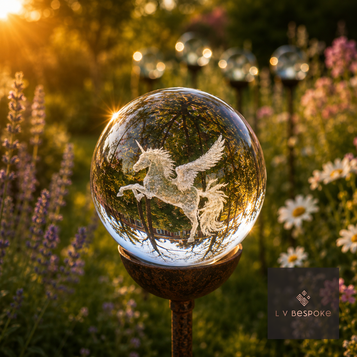 Raw steel garden stake with a clear glass orb holding a 3D Unicorn design, planted in a border
