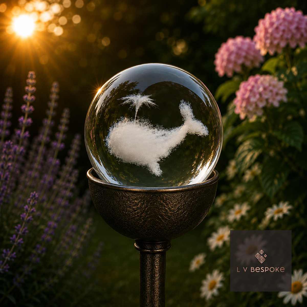 Raw steel garden stake with a clear glass orb holding a 3D Whale Cloud design, planted in a border