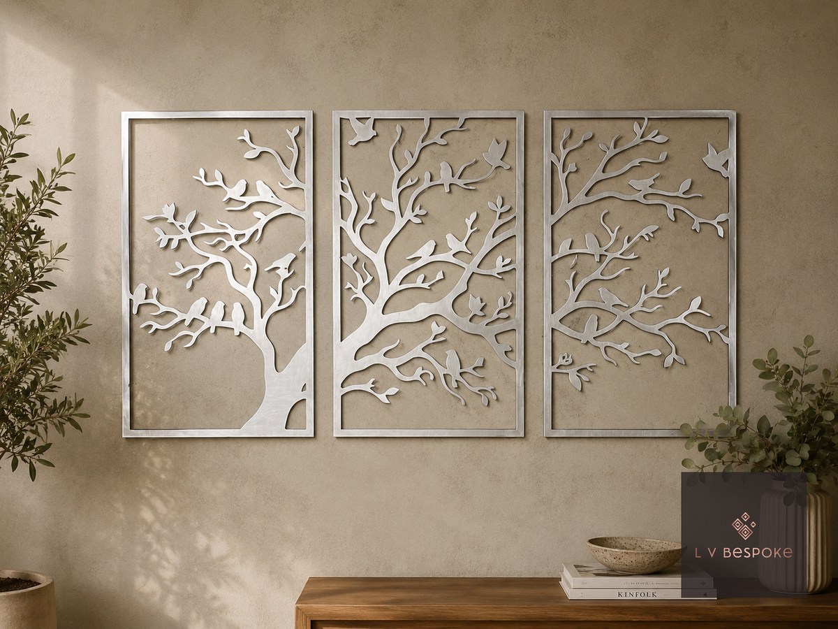 Raw steel Tree Set of 3 Panels wall art panel on a garden wall