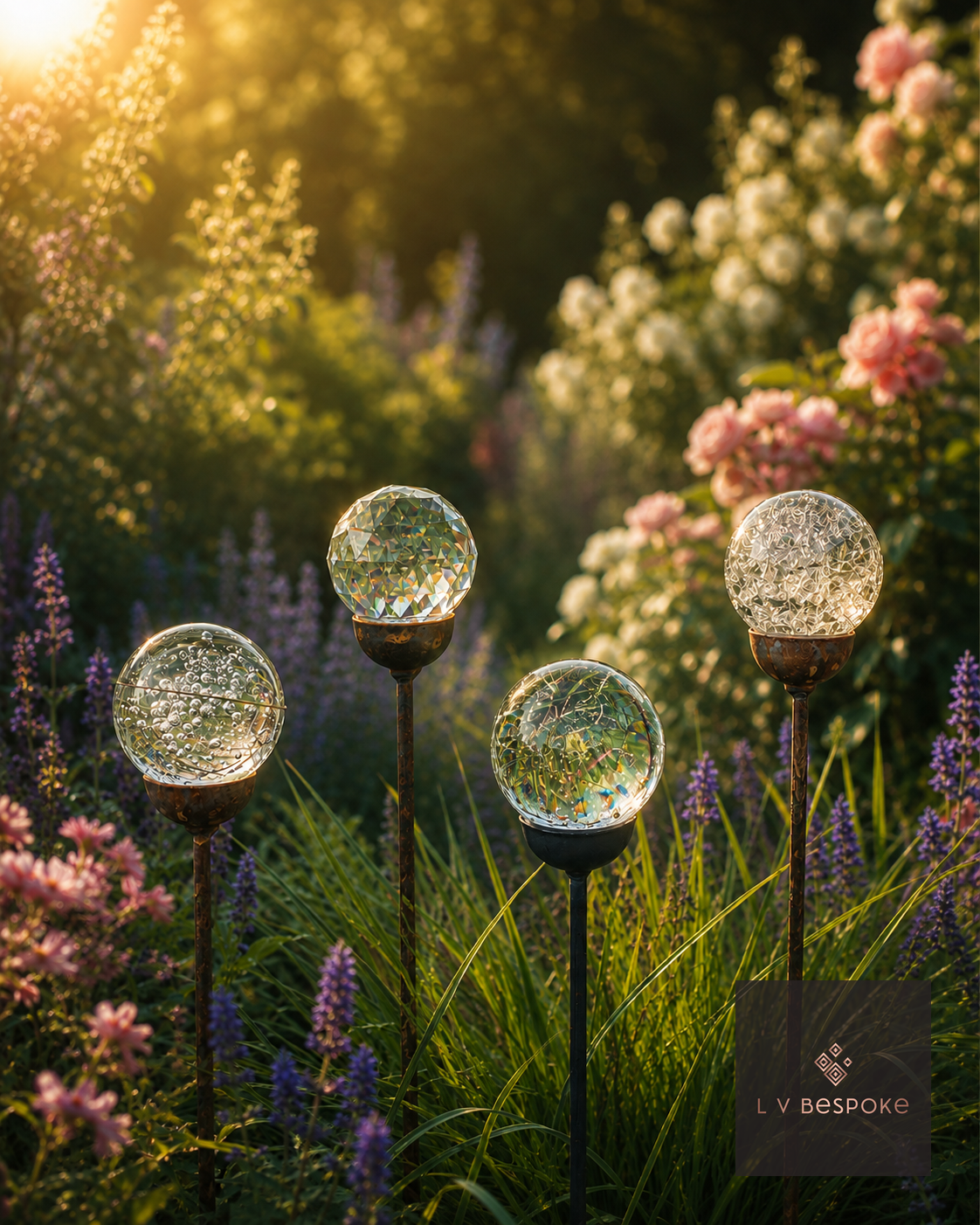 Mixed Finish Glass Orb Garden Stakes in Bubble, Prism, Clear and Cracked finishes, planted together in a border at golden hour