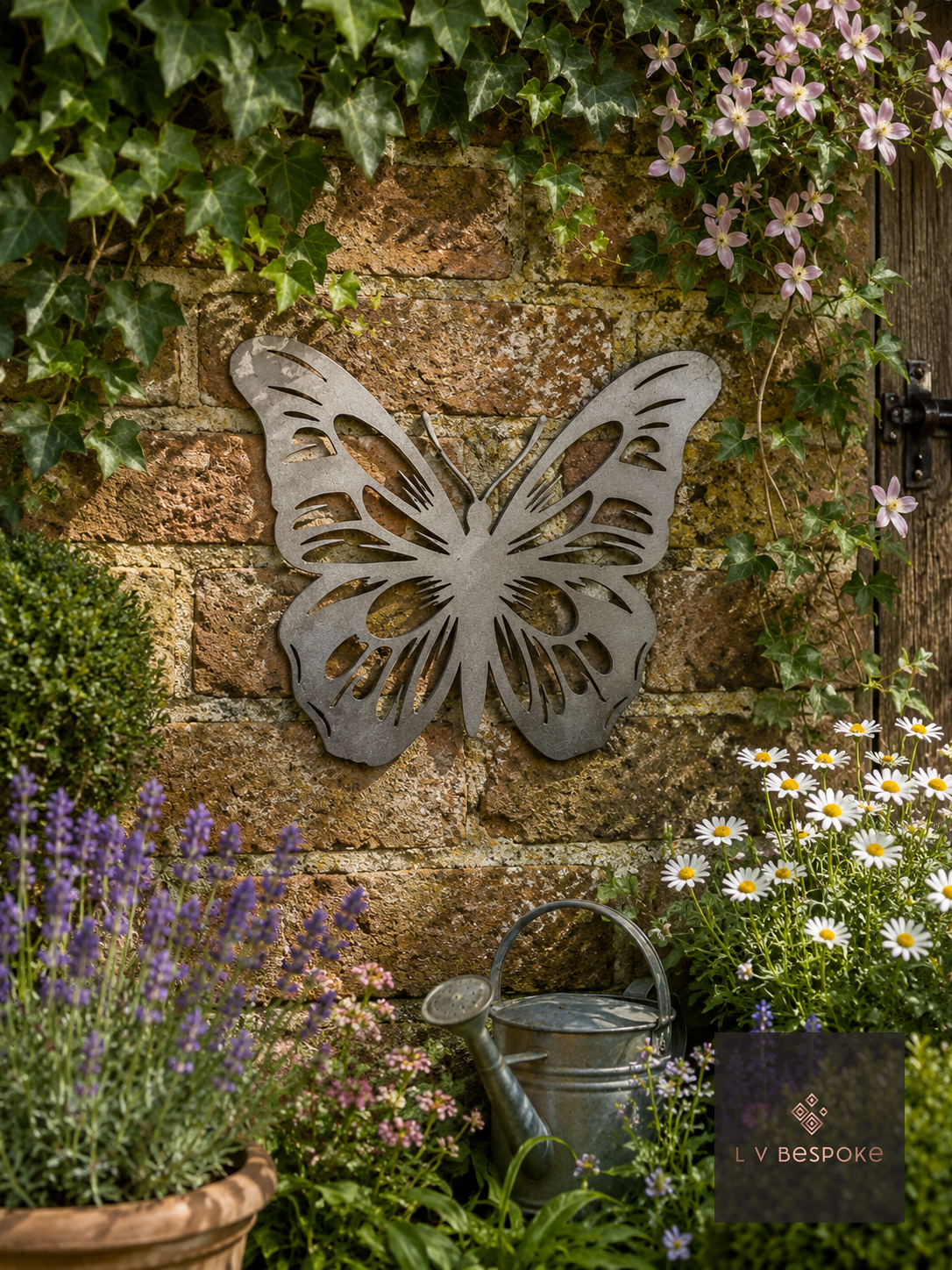 Raw steel Filigree Butterfly wall art hung on a garden wall