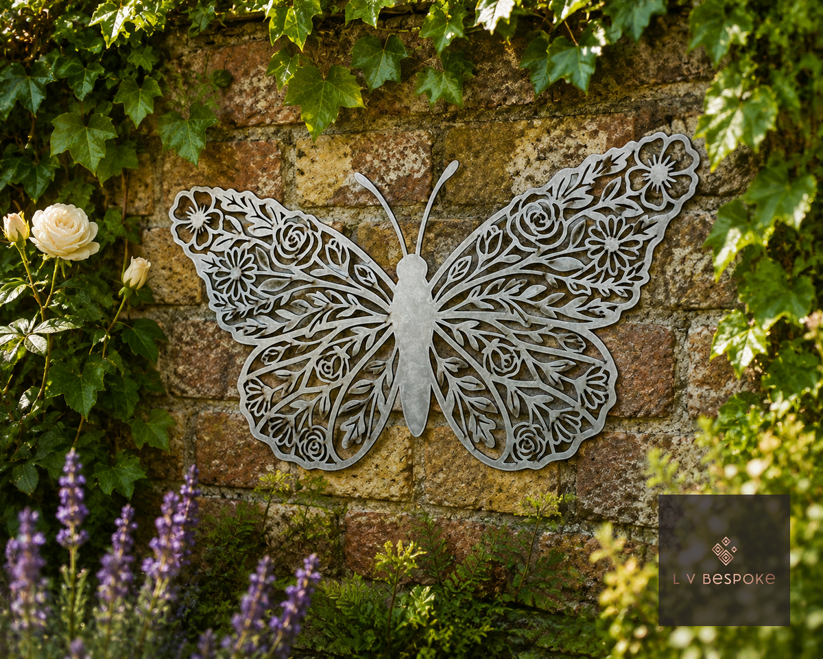 Raw steel Floral Butterfly wall art hung on a garden wall