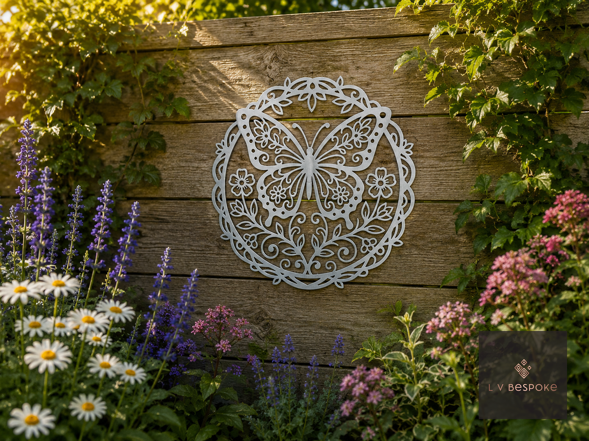 Raw steel Circular Butterfly wall art hung on a garden wall