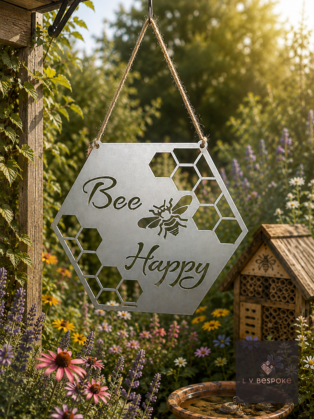 Raw steel Bee Happy Hanging Sign wall art hung on a garden wall