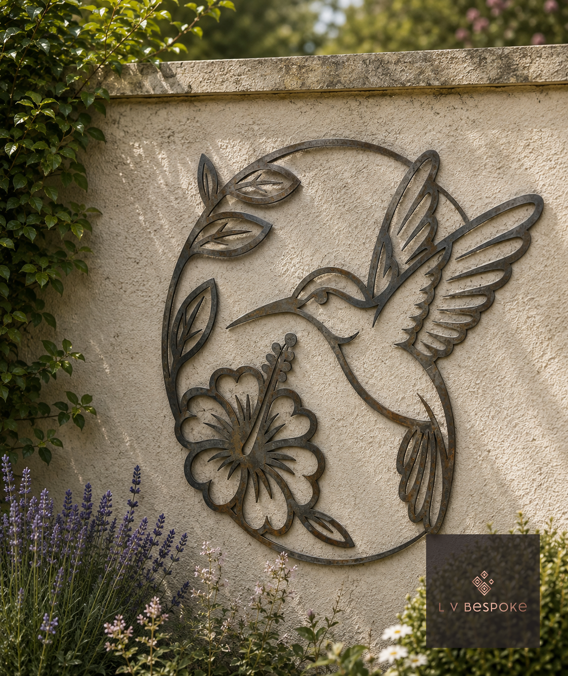 Raw steel Hummingbird & Flowers wall art hung on a garden wall