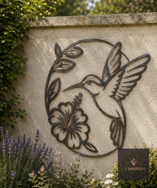 Raw steel Hummingbird & Flowers wall art hung on a garden wall