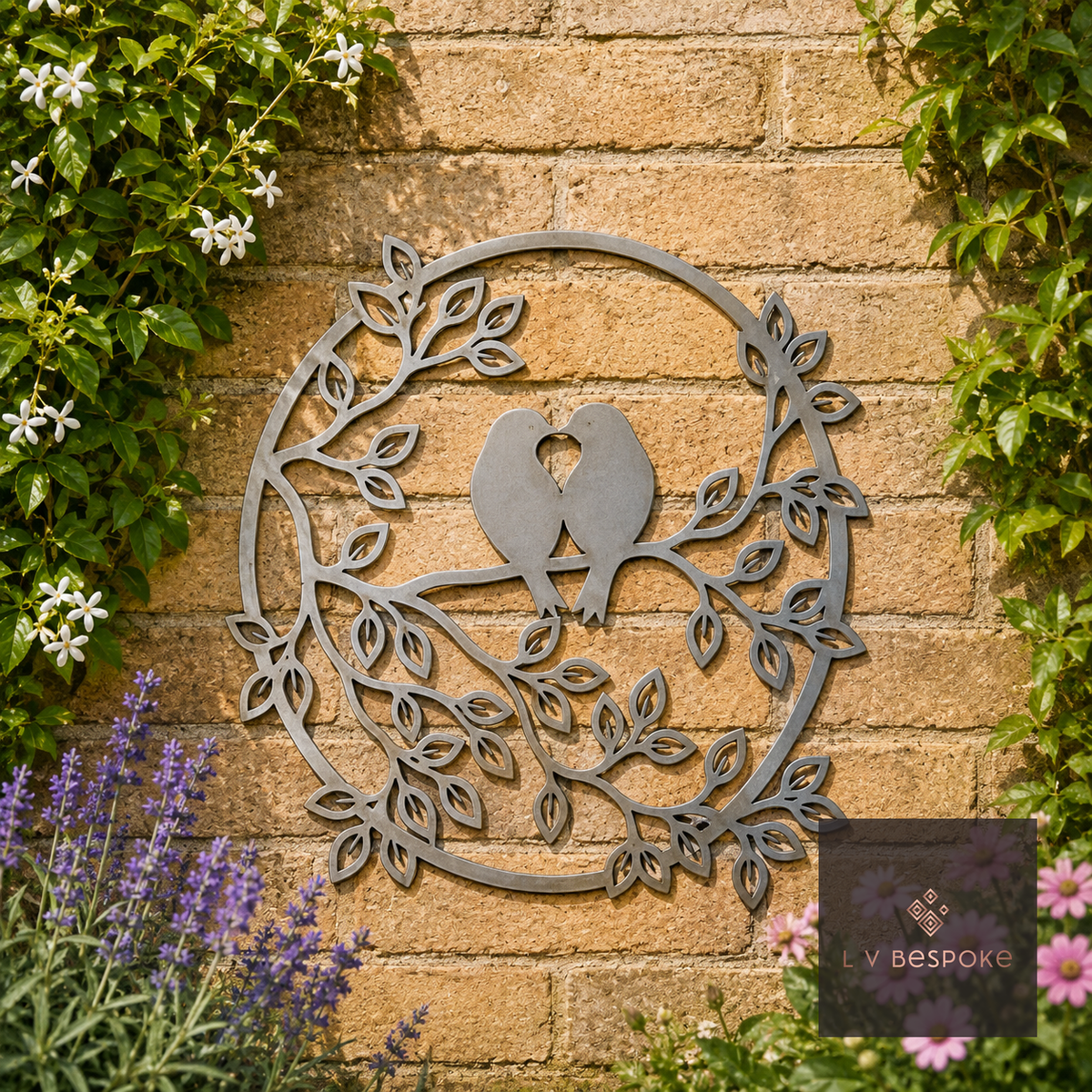 Raw steel Love Birds wall art hung on a garden wall