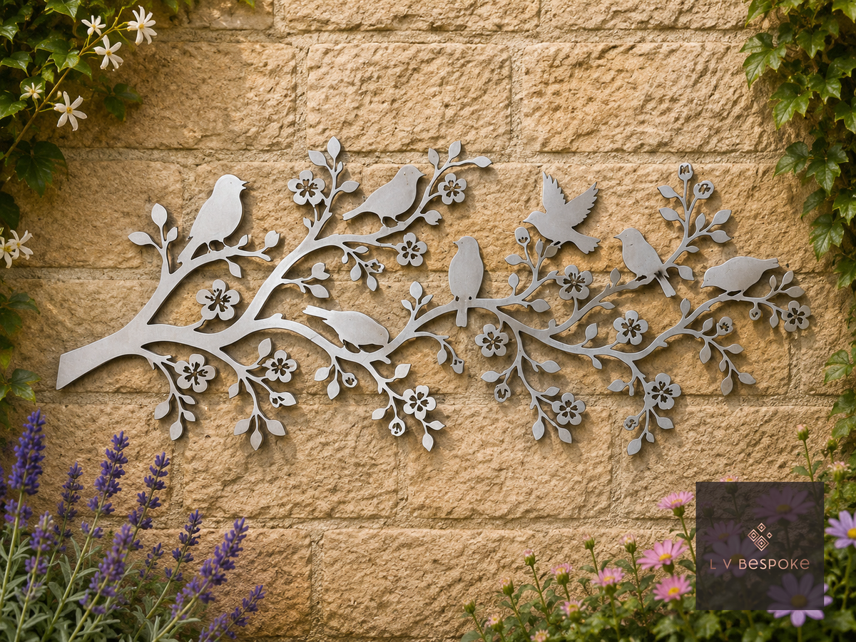 Raw steel Birds on Branch wall art hung on a garden wall