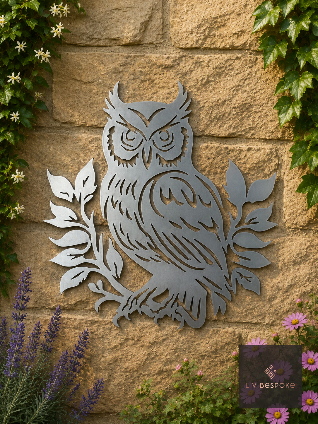 Raw steel Owl & Leaves wall art hung on a garden wall