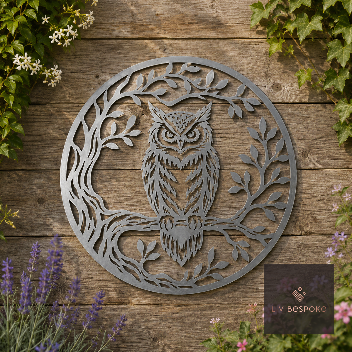 Raw steel Owl in Tree wall art hung on a garden wall