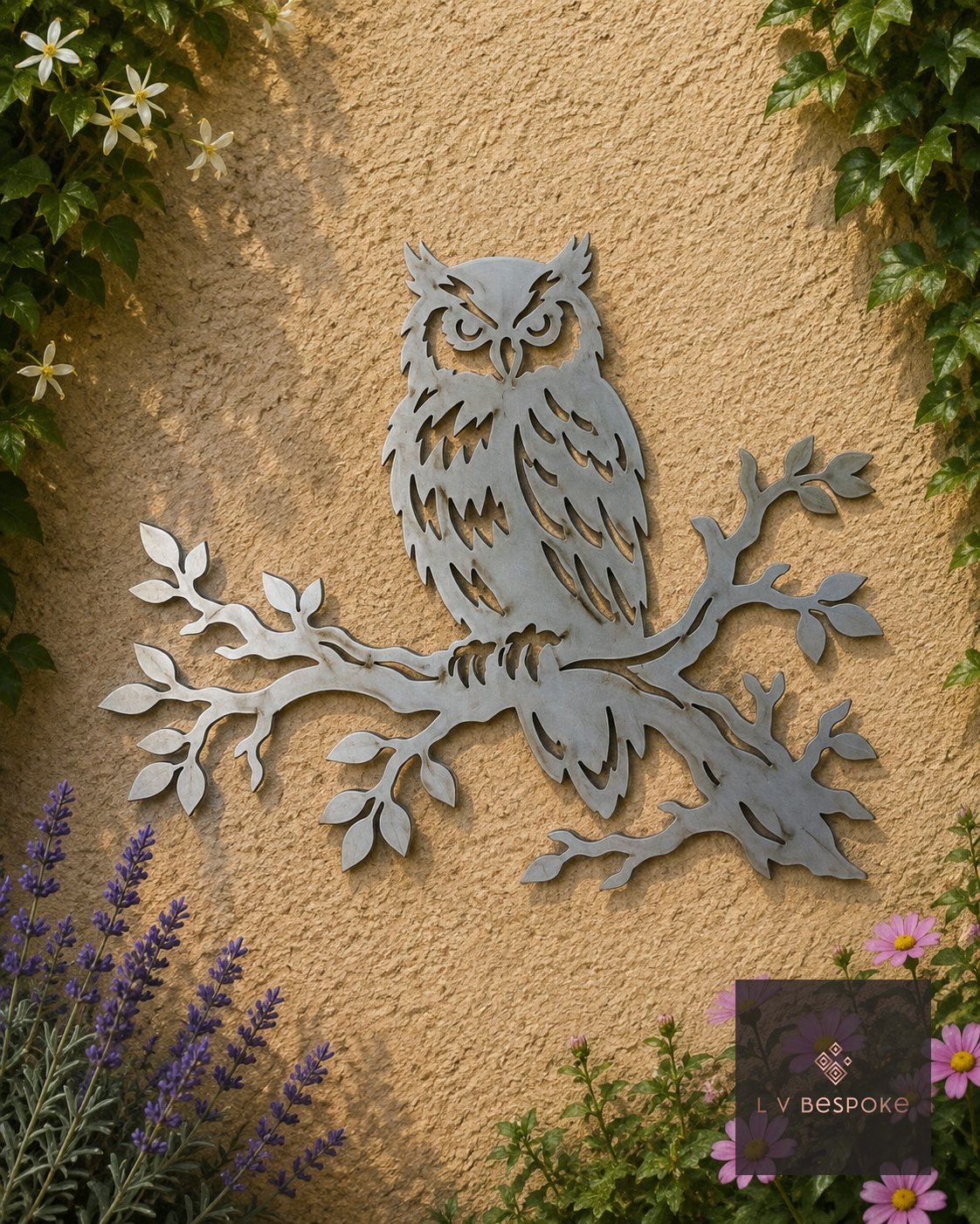 Raw steel Owl on Branch wall art hung on a garden wall