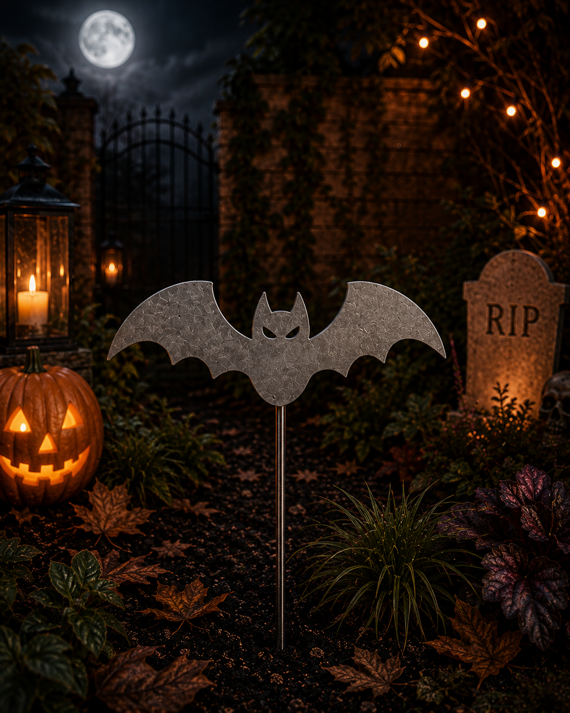 Raw steel bat Halloween garden stake with spread wings, planted in a border