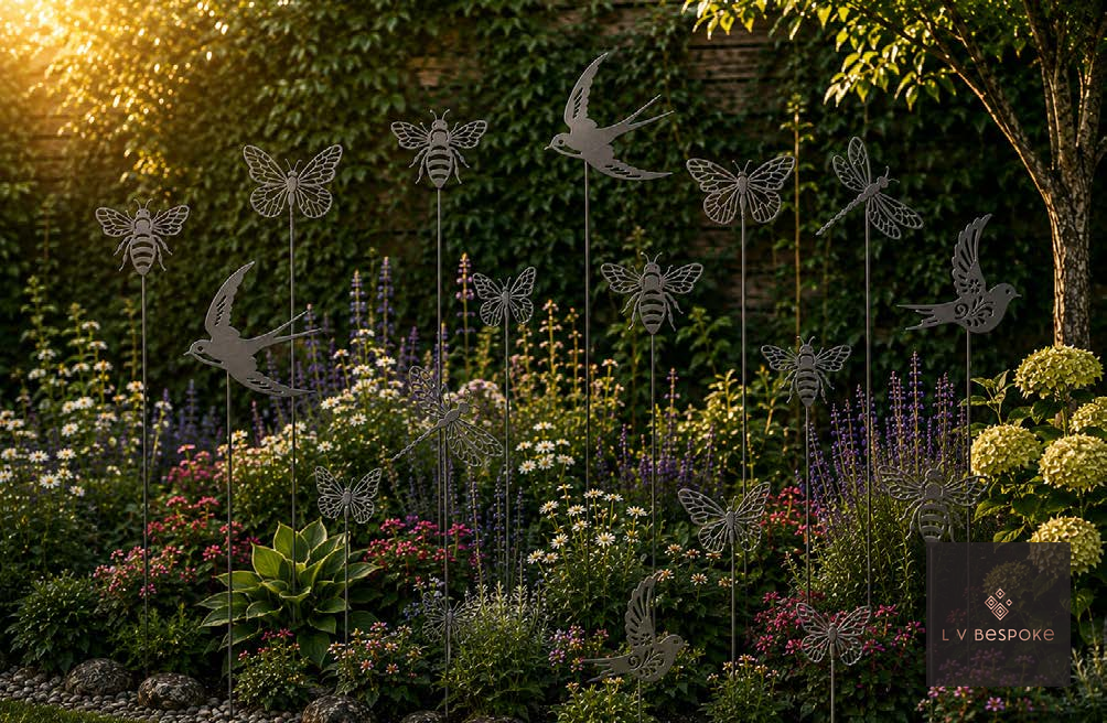 Raw steel swallow, bee and butterfly garden stakes among flowers in a border